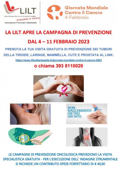 LILT CALTANISSETTA APRE LA CAMPAGNA DI PREVENZIONE  DAL 4 – 11 FEBBRAIO 2023